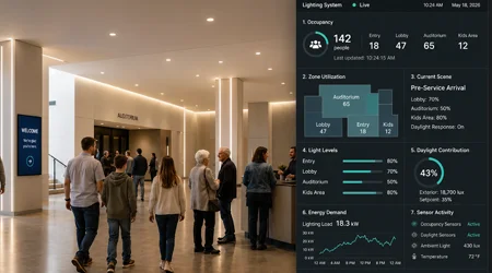Smart lighting system tracking occupancy and lighting levels inside a modern venue lobby