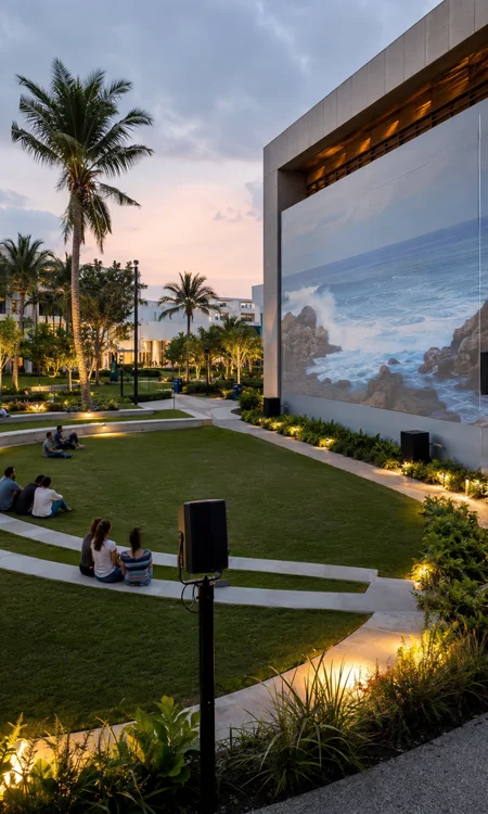 Venue Context at SoundScape Park Portrait view of SoundScape Park showing the lawn, projection wall, palm trees, and integrated outdoor audio visual environment