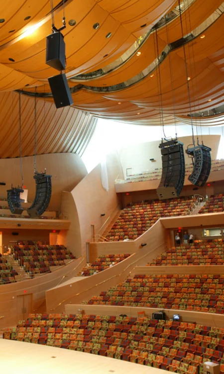 Walt Disney Concert Hall Interior Audio Integration Walt Disney Concert Hall interior showing stage seating and integrated audio reinforcement in the concert hall