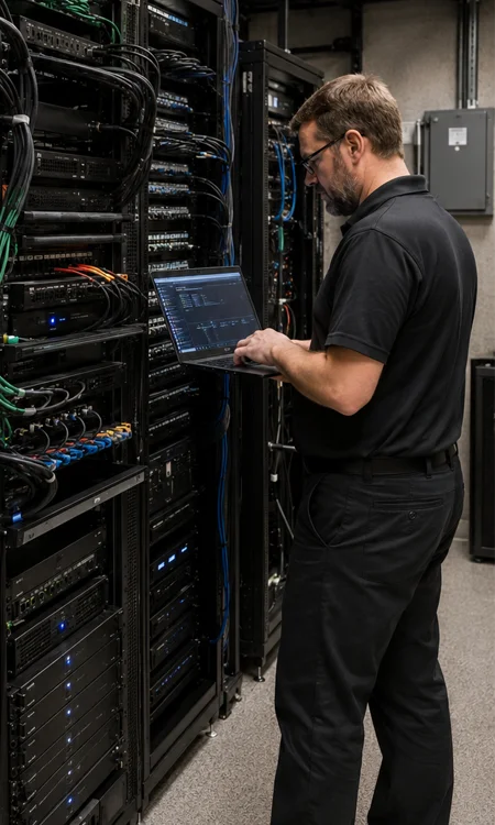 AV Systems Engineer Configuring Equipment Racks AV systems engineer configuring networked equipment racks with a laptop in a technical control room.