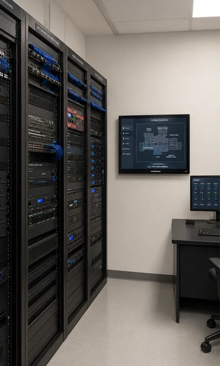Centralized AV Control Room Infrastructure Centralized AV control room with equipment racks, DSP, amplifiers, network distribution, and control interface