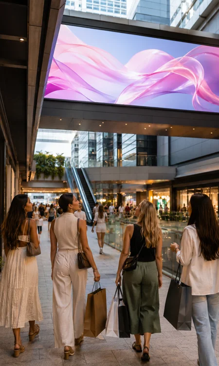 Women Shoppers Viewing Digital Display Women shoppers looking at a large digital display in a modern shopping center corridor