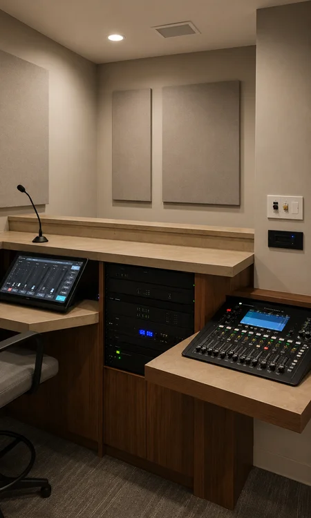 Church AV control room with audio mixing console, touchscreen interface, equipment rack, microphone, acoustic wall panels, and wood workstation
