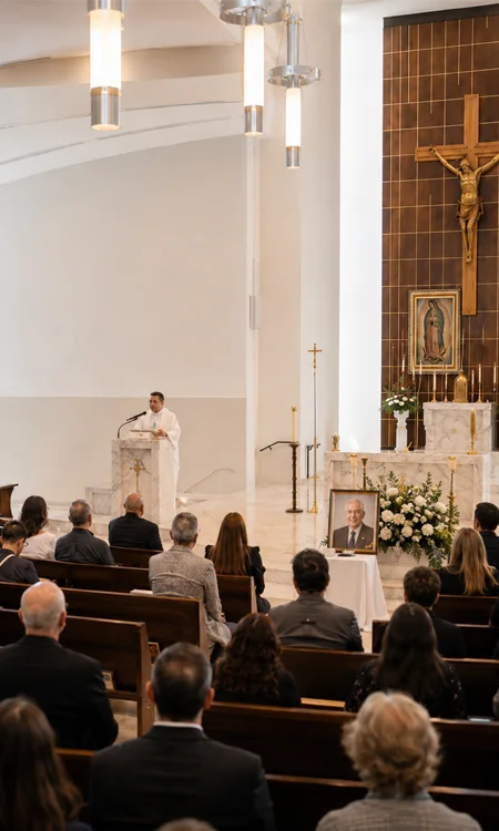 Priest giving a eulogy from a church lectern during a daytime funeral service with parishioners seated in a modern sanctuary