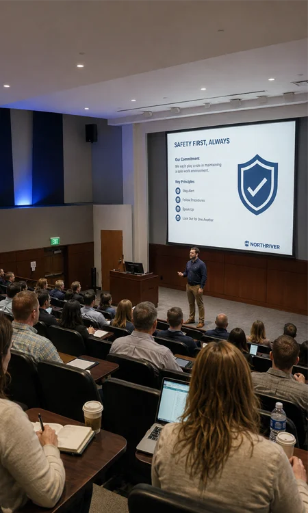 Corporate Safety Training Presentation in Modern Auditorium Male instructor leading a corporate safety training presentation in a modern auditorium with employees seated and watching
