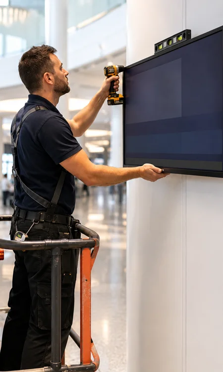 Announcement Monitor Installation AV technician installing a large announcement monitor inside a cruise terminal.