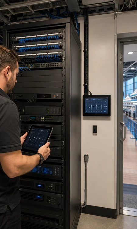 Integrated AV Infrastructure Organized AV rack and control interface supporting cruise terminal audio and video systems.