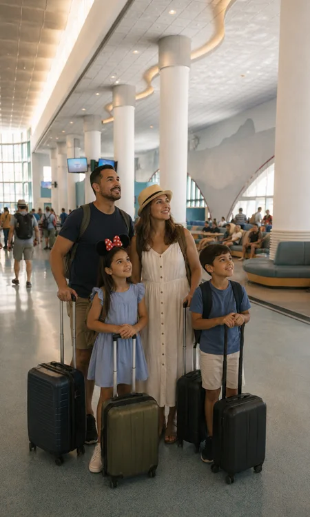 Family Waiting at Disney Cruise Terminal Family waiting for a boarding announcement inside the Disney Cruise Terminal waiting area.
