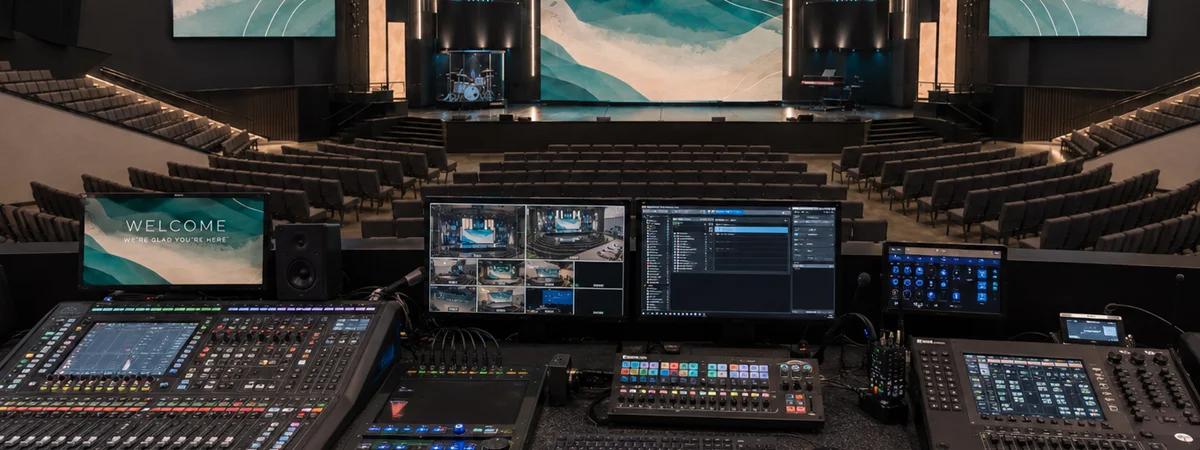 FBC Fort Lauderdale Worship Control Systems Production control booth at FBC Fort Lauderdale with audio mixer, video monitors, lighting controls, and a clear view of the empty worship stage