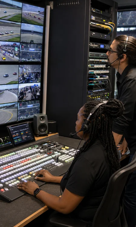 Homestead-Miami Speedway Broadcast Operations Team Broadcast operations team in a motorsports control room with production monitors, switchers, intercom panels, and network equipment.