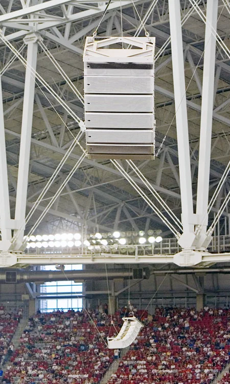 L&N Federal Credit Union Stadium Speaker Array Suspended stadium speaker arrays installed above the seating bowl at L&N Federal Credit Union Stadium.