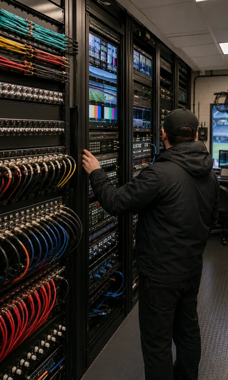 Stadium Broadcast Cable Pathways Organized broadcast cabling and patch infrastructure inside a baseball stadium