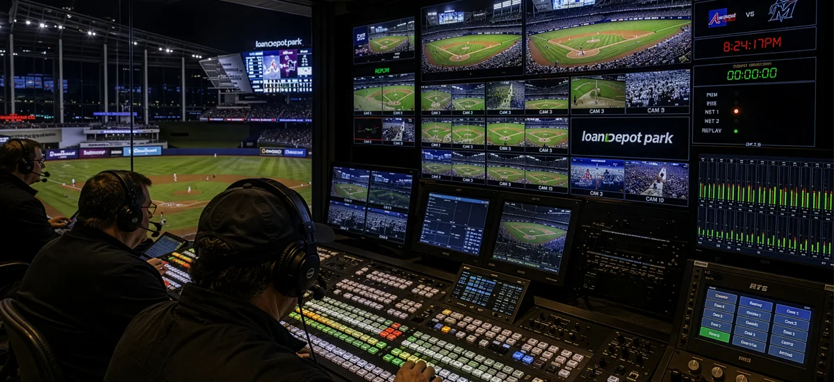 Production Control Operations Stadium production control room with operators monitoring multiple video feeds