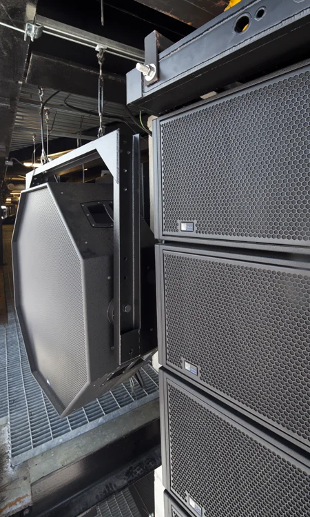Ohio Stadium Installed Meyer Sound System Meyer Sound loudspeakers installed on stadium rigging for the Ohio Stadium audio system expansion.