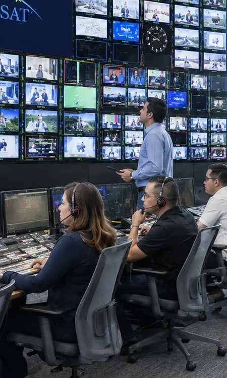 Olympusat Broadcast Operations Team Broadcast operations team using the Olympusat video wall and control room workstations