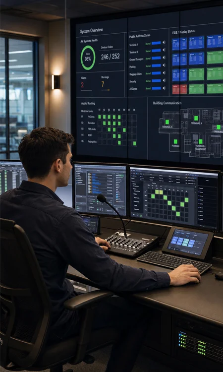 Airport AV Operations Control Room Young AV systems operator monitoring airport communication systems from a control room with audio, video, and digital signage dashboards