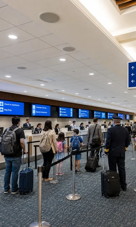 Airport Check-In AV Systems Airport check-in area with passengers, staff, ceiling speakers, and digital information displays
