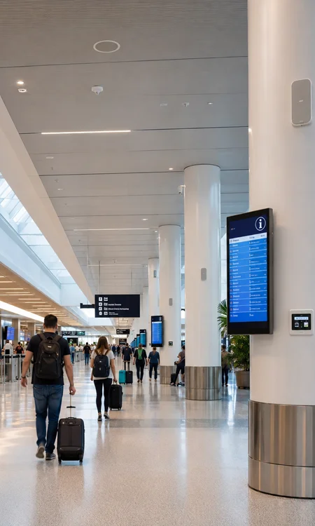 Passenger Communication Zone Airport passenger communication area with display screens and distributed loudspeakers