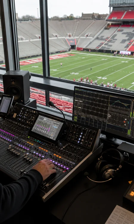 Stadium Audio Operations Audio control position overlooking the stadium bowl with mixing console and system monitoring equipment.