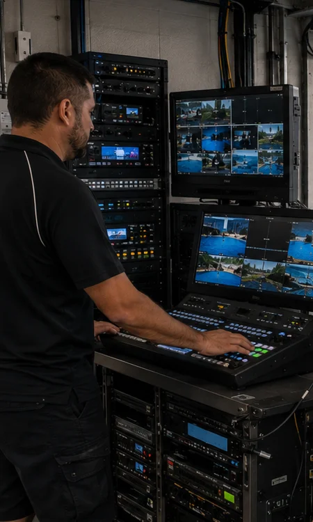 SeaWorld Orlando Orca Encounter Show Control Systems AV technician operating audio, video, and show control systems overlooking the SeaWorld Orlando Orca Encounter stadium