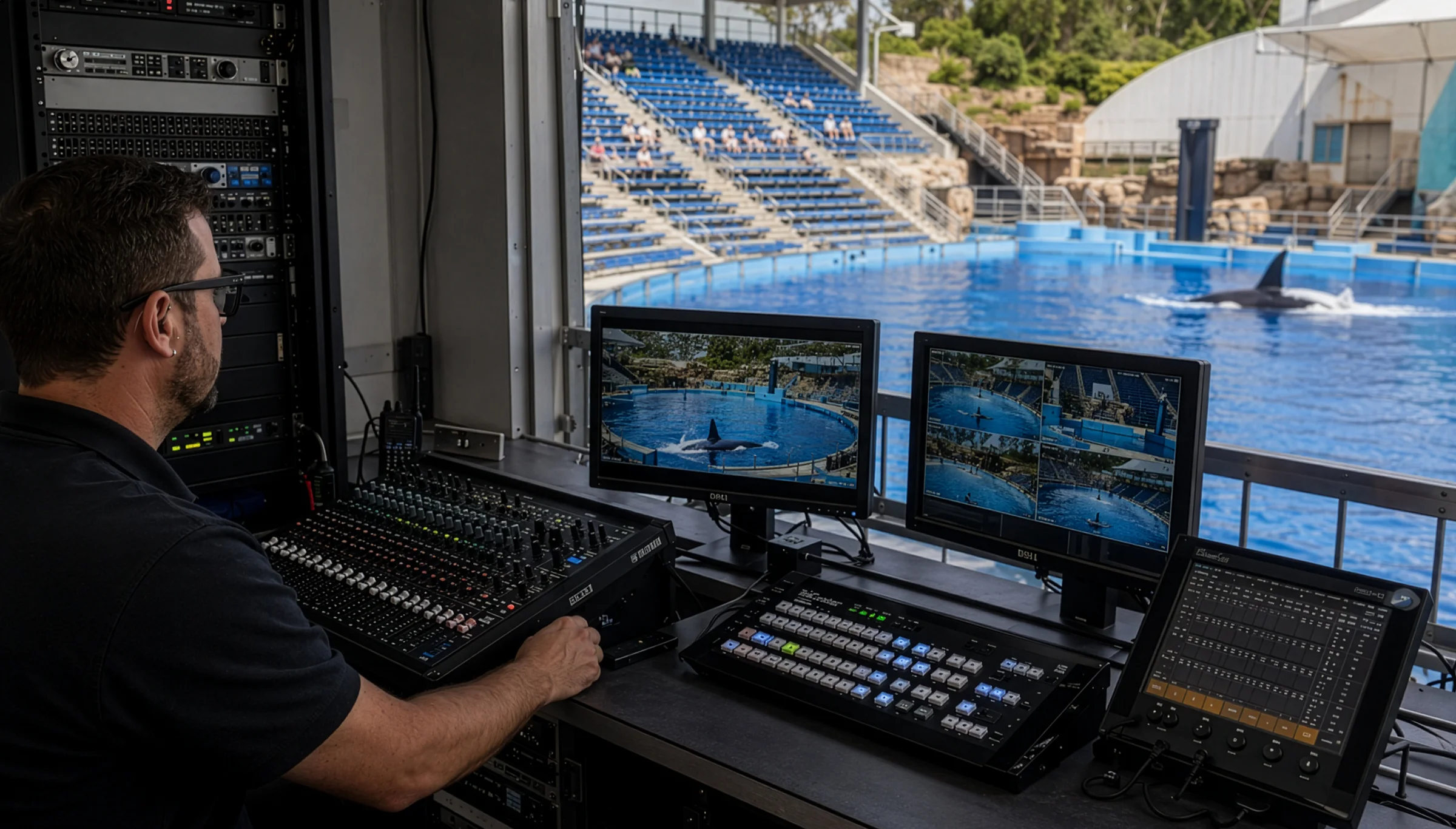 SeaWorld Orlando Orca Encounter Show Control Room Show control operator managing audio, video, and lighting systems for SeaWorld Orlando Orca Encounter