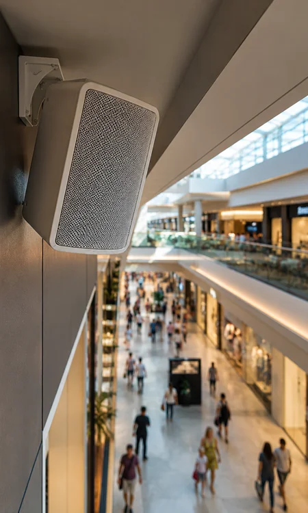 Shopping Mall Corridor Speaker AV Integration Commercial wall-mounted speaker providing distributed audio coverage in a shopping mall corridor