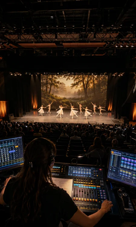 Theater Control Booth for Live Ballet Performance Woman engineer operating a theater control booth during a live ballet performance with a dawn forest backdrop on stage.