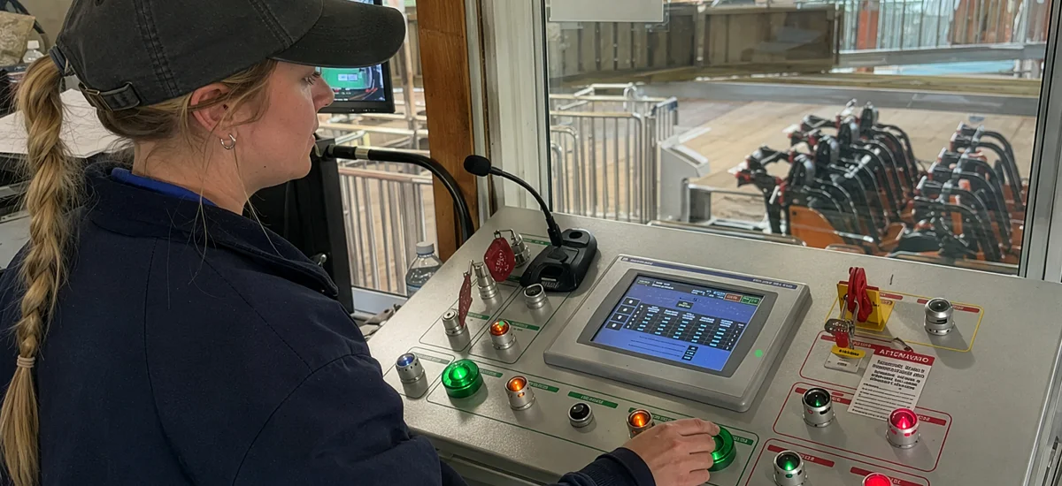 Theme Park Ride Operator Control Booth Theme park ride operator monitoring attraction controls from a ride control booth with operational control panel and ride vehicles visible in the station.
