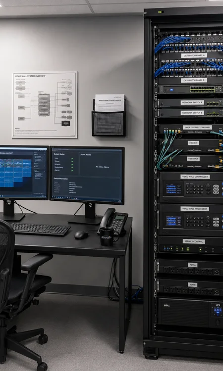 Video Wall Control Workstation Technical control workstation for managing a video wall with monitoring screens, equipment rack, and network cabling