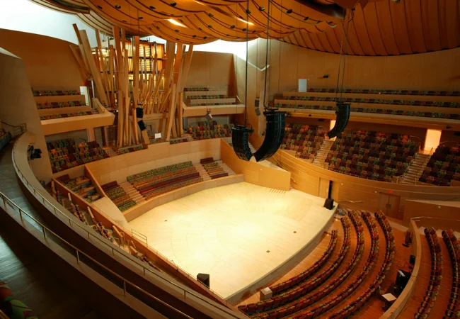 Walt Disney Concert Hall Speaker Integration Ceiling-hung speakers inside Walt Disney Concert Hall supporting audio reinforcement across the seating area